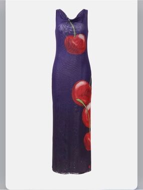 Muma Luis Sleeveless Navy Cherry Print Maxi Dress Retail $395